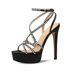 Arden Furtado Silk Round Toe Open Toe Platform Super High Heel Sexy Crystal Word-Cingulate Ankle Strap Sandals