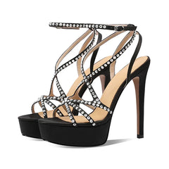 Arden Furtado Silk Round Toe Open Toe Platform Super High Heel Sexy Crystal Word-Cingulate Ankle Strap Sandals
