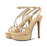 Arden Furtado Silk Round Toe Open Toe Platform Super High Heel Sexy Crystal Word-Cingulate Ankle Strap Sandals
