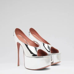 Arden Furtado Silver Bright leather Peep toe Slippers Round toe Platform Super high heel Word slippers Modern Mules