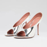 Arden Furtado Silver Bright leather Peep toe Slippers Round toe pull-on Super high heel Sexy Word slippers Banquet shoes