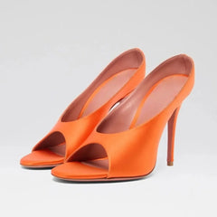 Arden Furtado Silver Bright leather Peep toe Slippers Round toe pull-on Super high heel Sexy Word slippers Banquet shoes