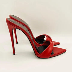 Arden Furtado Silver Metal leather Pointed Slip-on Thin heel Super high heel Sexy Word slippers Tangle Banquet shoes