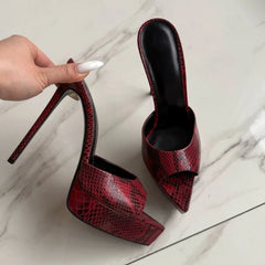 Arden Furtado Silver embossed leather Peep toe Slippers Pointed toe Platform Super high heel Word slippers Modern Mules