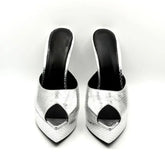 Arden Furtado Silver embossed leather Peep toe Slippers Pointed toe Platform Super high heel Word slippers Modern Mules