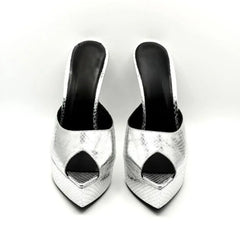 Arden Furtado Silver embossed leather Peep toe Slippers Pointed toe Platform Super high heel Word slippers Modern Mules