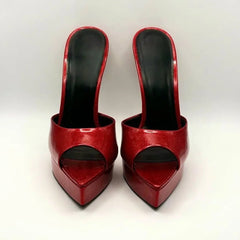 Arden Furtado Silver embossed leather Peep toe Slippers Pointed toe Platform Super high heel Word slippers Modern Mules