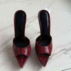 Arden Furtado Silver embossed leather Peep toe Slippers Pointed toe Platform Super high heel Word slippers Modern Mules