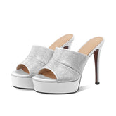 Arden Furtado Sliver Satin Peep toe Slippers Round toe Platform Super high heel Word slippers Crystal Banquet shoes