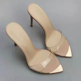 Arden Furtado Transparent PVC Mixed Colors Open Toe Metal Pointed Slip-On Super High Heel Word Slippers Extra Large Size