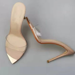 Arden Furtado Transparent PVC Mixed Colors Open Toe Metal Pointed Slip-On Super High Heel Word Slippers Extra Large Size