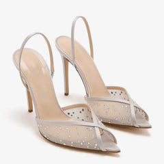 Arden Furtado White Mesh Pleated Crystal Banquet Shoes Pointed to Hollow Stilettos heels Back Strap Peep toe Sandals