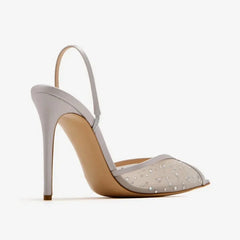 Arden Furtado White Mesh Pleated Crystal Banquet Shoes Pointed to Hollow Stilettos heels Back Strap Peep toe Sandals