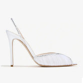 Arden Furtado White Mesh Pleated Crystal Wedding shoes Pointed to Stilettos heels Back Strap Peep toe Sandals