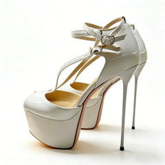 Arden Furtado White Patent Leather Wedding shoes peep toe Sandals Platform Super high heel Ankle strap Modern Sandals