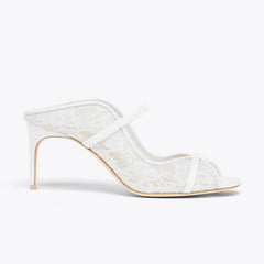 Arden Furtado White lace Peep toe Slippers Round toe pull-on Super high heel Sexy Word slippers Banquet shoes