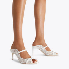 Arden Furtado White lace Peep toe Slippers Round toe pull-on Super high heel Sexy Word slippers Banquet shoes