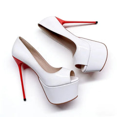 Arden Furtado White patent leather peep toe Pumps Round toe Platform Super high heel Single shoe large size Banquet shoes