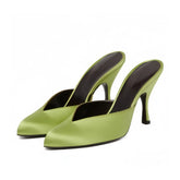 Arden Furtado Yellow Satin Stilettos heels Mules Round toe Pull-on High-heeled Dinner shoes Closed toe Slippers