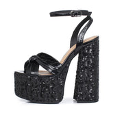 Arden Furtado black cowhide paillette platform bowknot round toe Super high heel word-cingulate sandals Banquet shoes