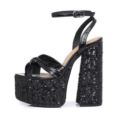 Arden Furtado black cowhide paillette platform bowknot round toe Super high heel word-cingulate sandals Banquet shoes