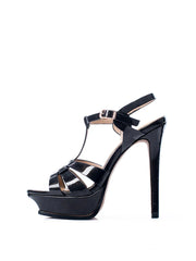 Arden Furtado cowhide Patent Leather Platform Banquet shoes round toe Super high heel T belt Roman sandals Large size