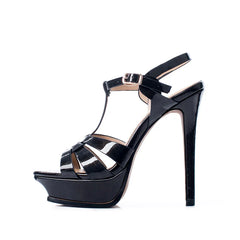 Arden Furtado cowhide Patent Leather Platform Banquet shoes round toe Super high heel T belt Roman sandals Large size