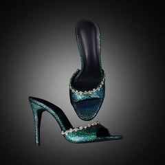 Arden Furtado paillette Peep toe Slippers Round toe pull-on Super high heel Sexy Word slippers Diamond chain Mules