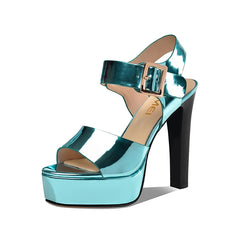 Arden Furtado patent leather platform peep toe shoe Round toe Belt buckle Super high heel One word buckle Sandals