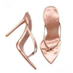 Arden Furtado pink silk Pinch toe Slippers Pointed toe pull-on Super high heel flip-flop Large size Mules