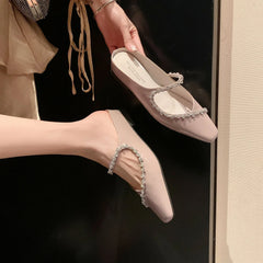 Arden Furtado sheepskin Increased Internal Slippers Square toe Pull-on Middle heel Crystal Mules word-cingulate slippers