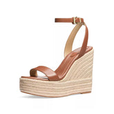 Arden Furtado straw weaving wedge Sandals Round toe platform Belt buckle Super high heel cowhide word-cingulate Sandals