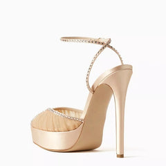 Arden Furtado white Mesh Pleated platform Wedding shoes Pointed toe Super high heel Crystal One word buckle Sandals