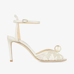 Arden Furtado white Mesh pearl Banquet Shoes Round toe Stilettos heels One word buckle Sandals large size lace Sandals