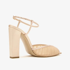 Arden Furtado white mesh Peep toe shoes Pointed toe Super high heel Crystal One word buckle sandals Wedding shoes