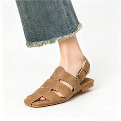 Arden Furtado yellow brown cowhide Roman sandals Square toe Hollow Flat Sandals Casual beach sandals Extra large size