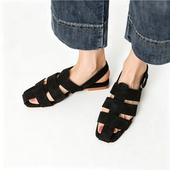 Arden Furtado yellow brown cowhide Roman sandals Square toe Hollow Flat Sandals Casual beach sandals Extra large size