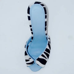 Arden Furtado zebra-stripe Peep toe Slippers Round toe pull-on Stilettos heels Sexy Word slippers horsehair Mules