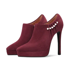 Arden Furtado Sheep Suede Pointed Toe Platform Pumps with Side Zipper Pearl Detail Super High Heel Sexy Thin Heel