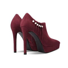 Arden Furtado Sheep Suede Pointed Toe Platform Pumps with Side Zipper Pearl Detail Super High Heel Sexy Thin Heel