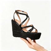 Arden Furtado Black Cowhide Straw Weaving Wedge Sandals round Toe Platform Super High Heel Buckle Sandals