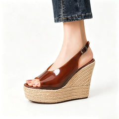 Arden Furtado Peep Toe Shoes Dark Brown Transparent PVC Wedge Sandals round Toe Super High Heel Buckle Sandals