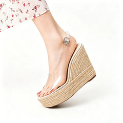 Arden Furtado Peep Toe Shoes Dark Brown Transparent PVC Wedge Sandals round Toe Super High Heel Buckle Sandals
