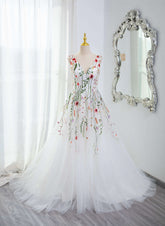 White Tulle with Floral Lace Wedding Party Dress
