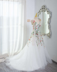 White Tulle with Floral Lace Wedding Party Dress