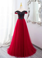 A-line Tulle Red and Black Lace Formal Dress