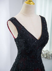 Beautiful Black and Red V-neckline Tulle Beaded Formal Dress