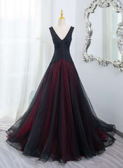 Beautiful Black and Red V-neckline Tulle Beaded Formal Dress