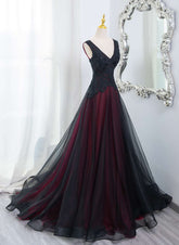 Beautiful Black and Red V-neckline Tulle Beaded Formal Dress
