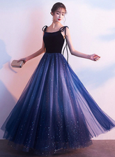 Beautiful Blue Gradient Tulle and Velvet Long Straps Prom Dress